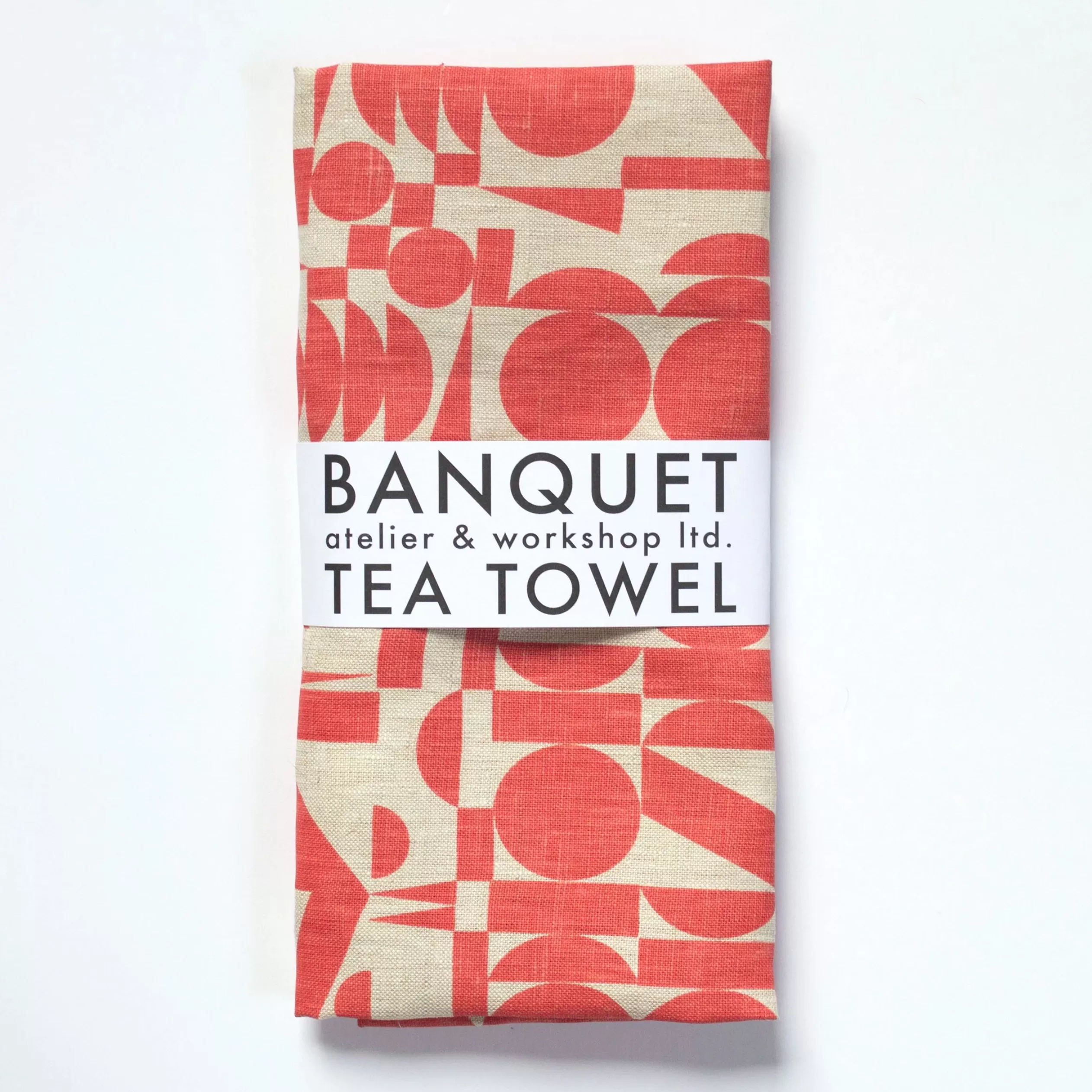 All-Linen Tea Towel Screen Printed With Tomato-Soup Red Geometrics<Banquet Workshop Hot