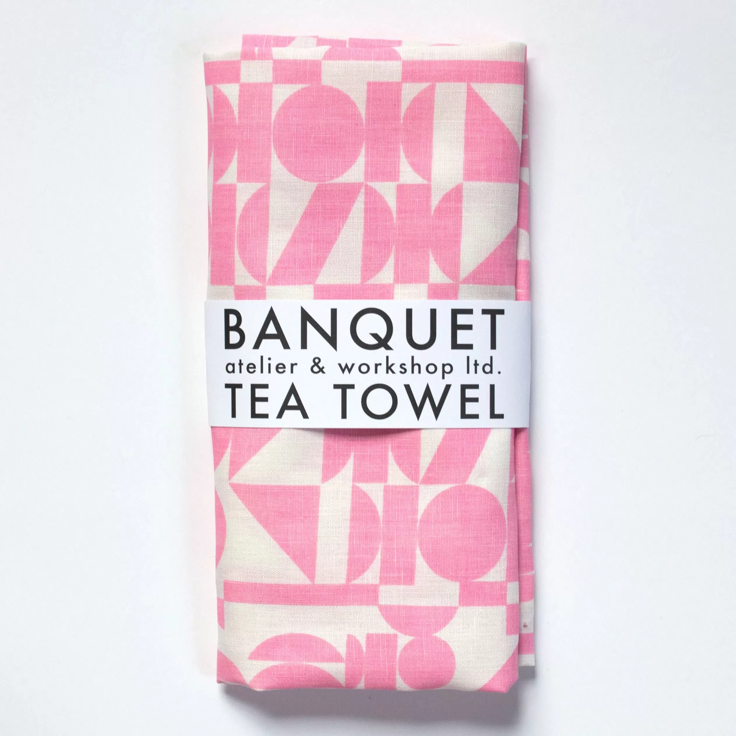 Linen Tea Towel - Screen Printed Geometrics - Bubblegum Pink On White<Banquet Workshop Online