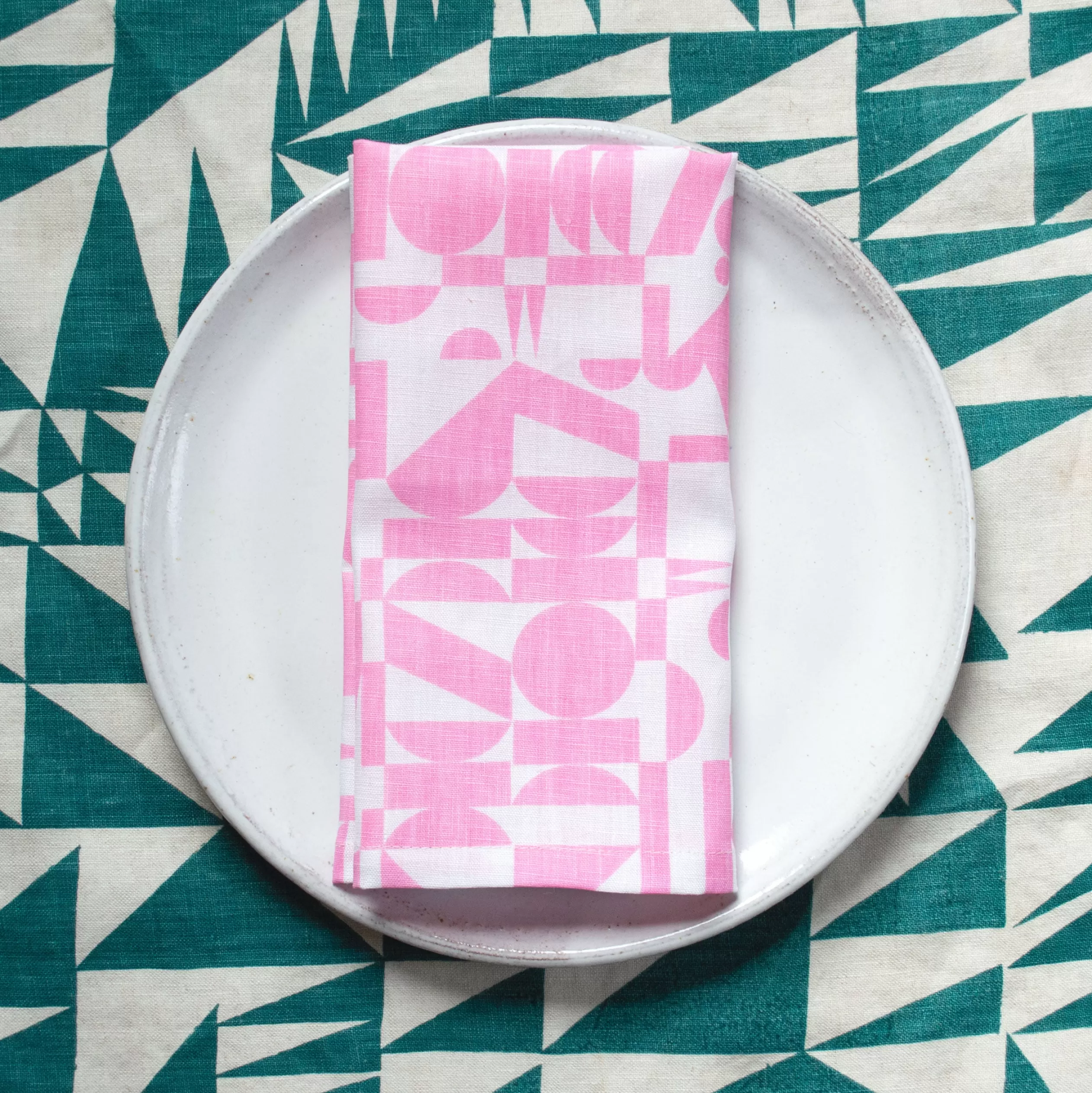 Linen Tea Towel - Screen Printed Geometrics - Bubblegum Pink On White<Banquet Workshop Online