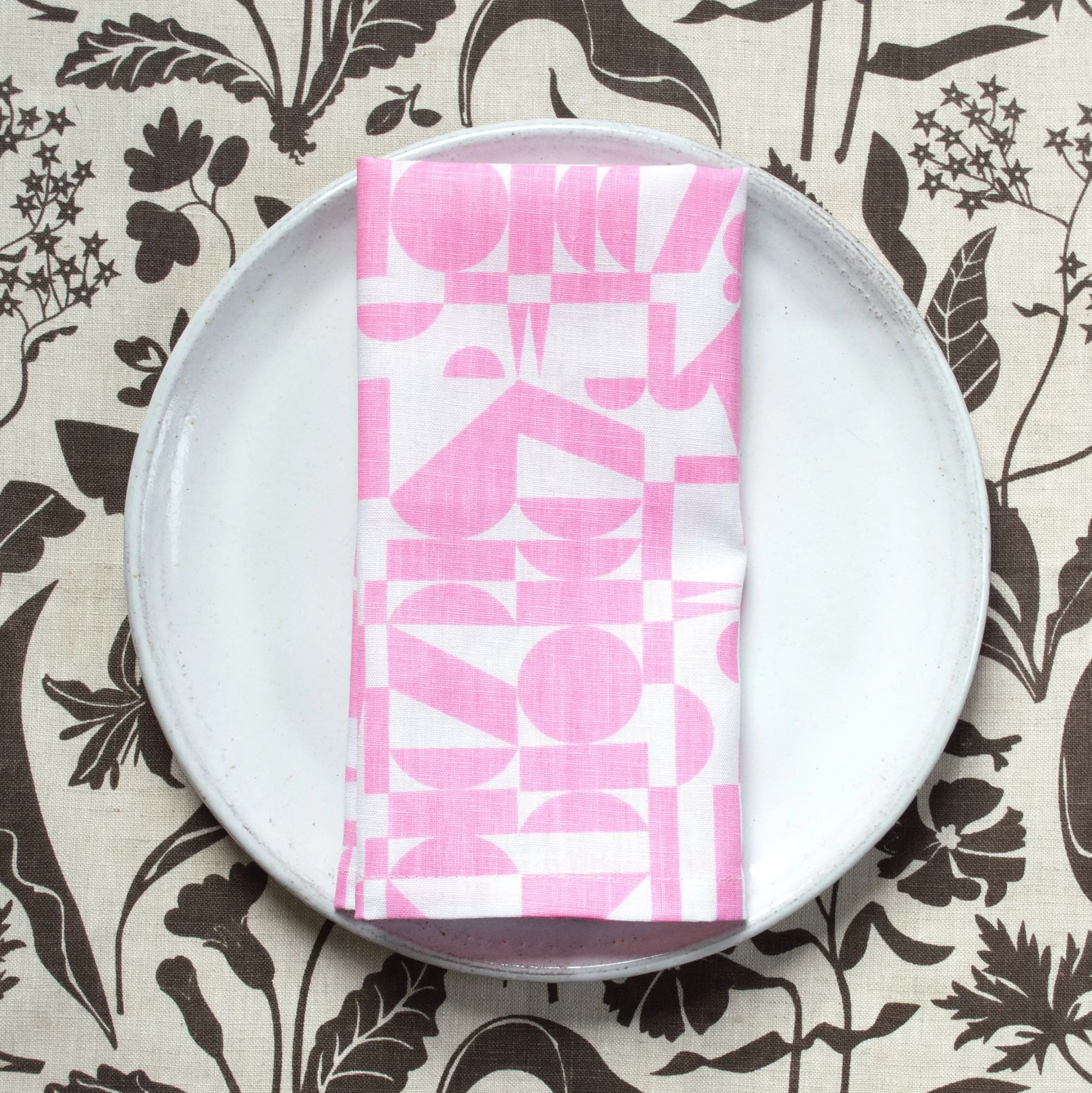 Linen Tea Towel - Screen Printed Geometrics - Bubblegum Pink On White<Banquet Workshop Online
