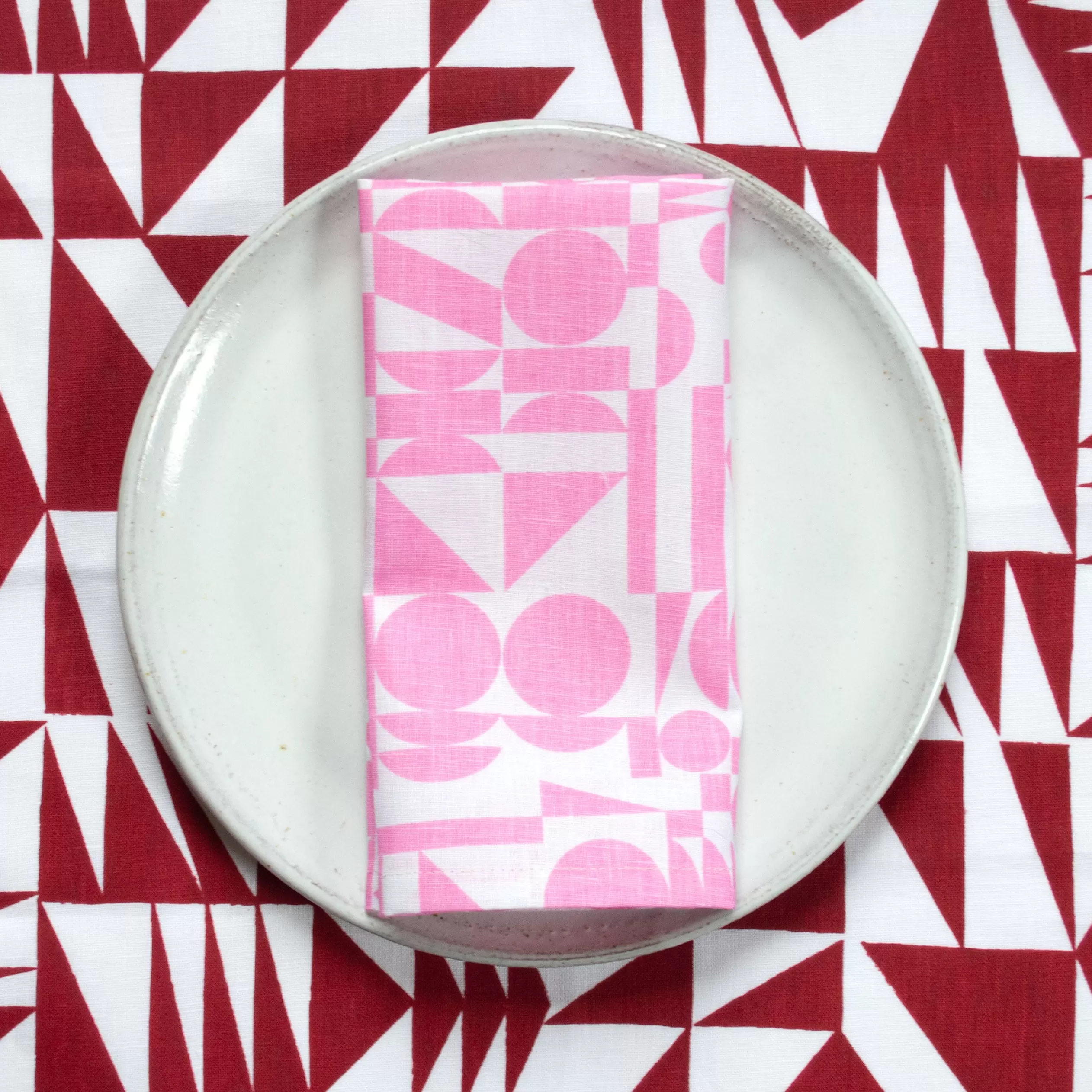 Linen Tea Towel - Screen Printed Geometrics - Bubblegum Pink On White<Banquet Workshop Online